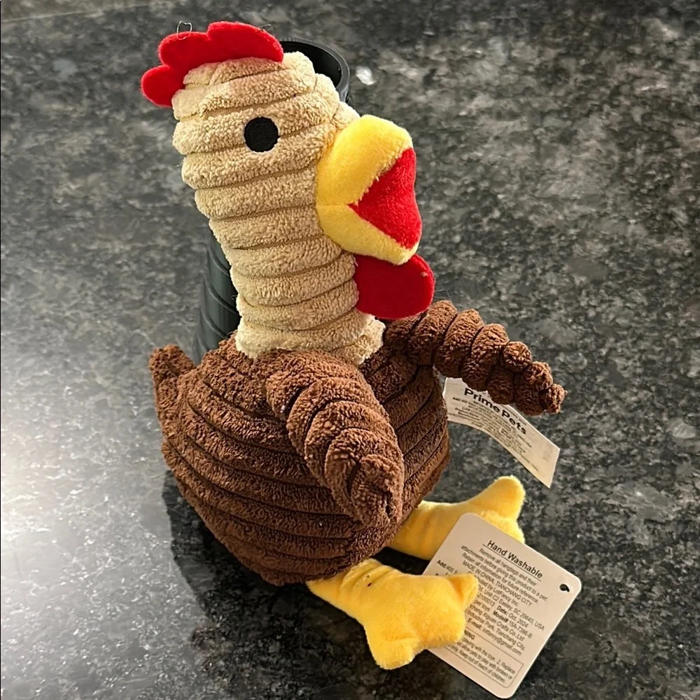 Prime Pets Plush Rowdy Rooster Squeaky Dog Toy Brown, Red & Yellow NWT 8” x 6